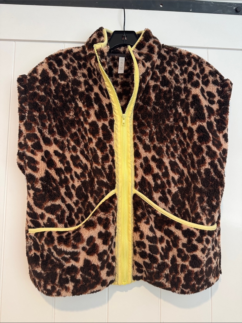 Threads 4 Thought Leopard Print Fleece Vest with Yellow Trim